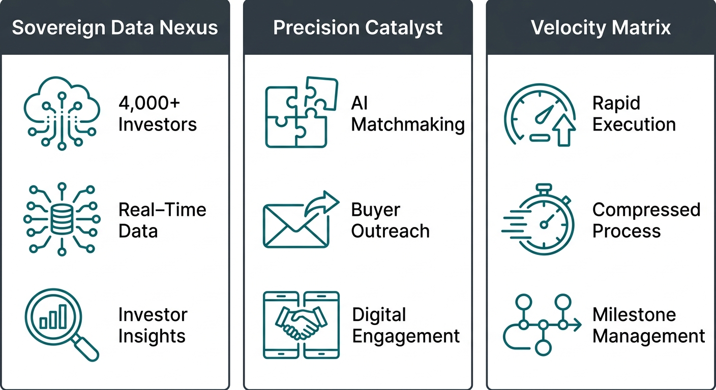 Infographic showing three columns of Zaidwood Capital's proprietary tools: Sovereign Data Nexus, Precision Catalyst, and Velocity Matrix, with icons and labels.