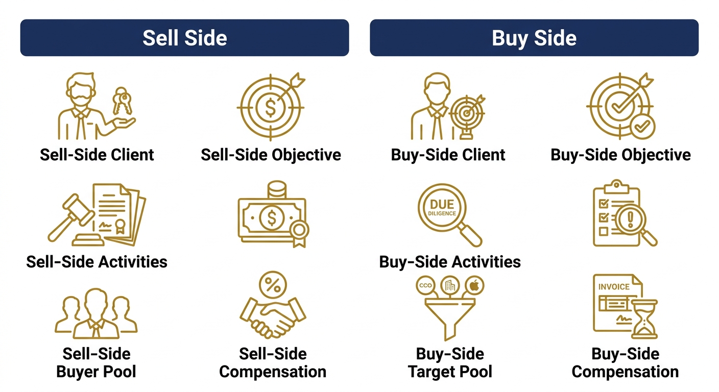 Two-column infographic comparing Sell Side and Buy Side investment banking roles, each with five labeled icon rows.