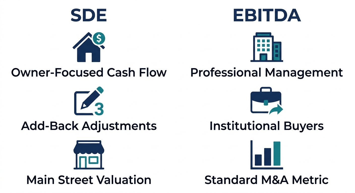 Infographic comparing SDE and EBITDA valuation metrics with icons for owner-focused cash flow, add-back adjustments, main street valuation, professional management, institutional buyers, and standard M&A metric.