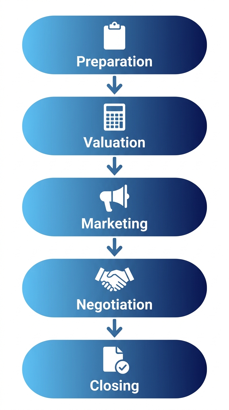 Vertical process flow diagram showing five stages of selling a business: Preparation, Valuation, Marketing, Negotiation, Closing with icons and labels in gradient blue.