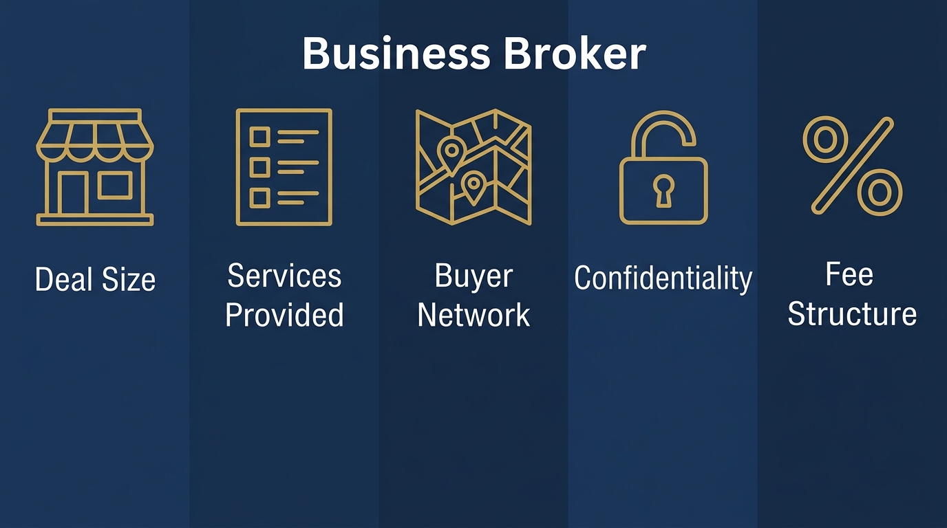 Comparison infographic showing Business Broker services with five key aspects: Deal Size, Services Provided, Buyer Network, Confidentiality, Fee Structure.