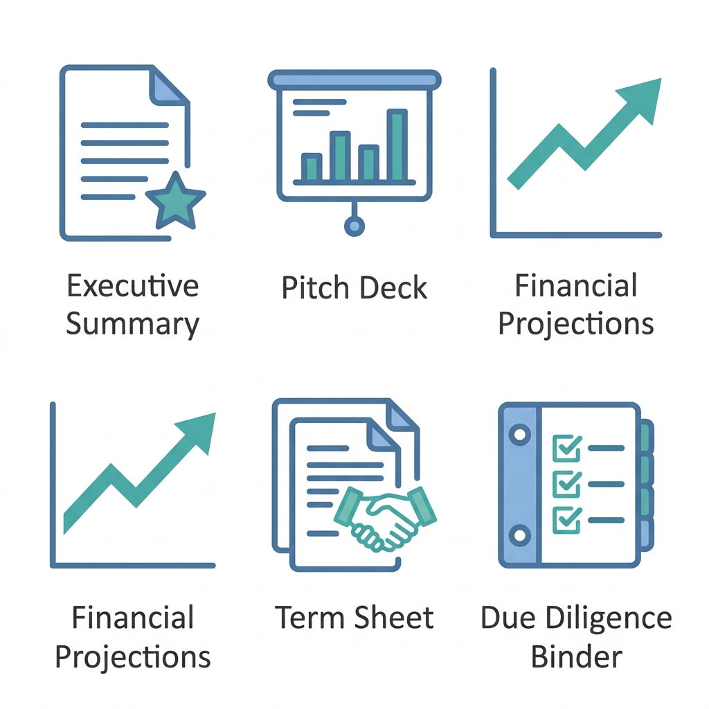 Icon set of five investor-ready document types: Executive Summary, Pitch Deck, Financial Projections, Term Sheet, Due Diligence Binder.