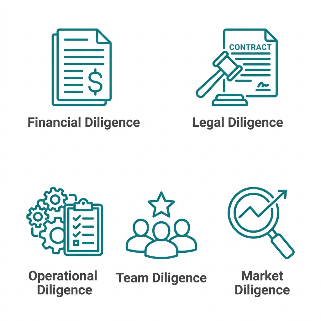 Icon set showing five diligence categories: financial, legal, operational, team, and market