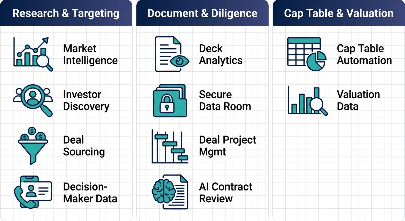 Infographic comparing three tool categories for Series C: Research & Targeting, Document & Diligence, Cap Table & Valuation, with outlined flat icons and labels in navy blue and teal on white grid background