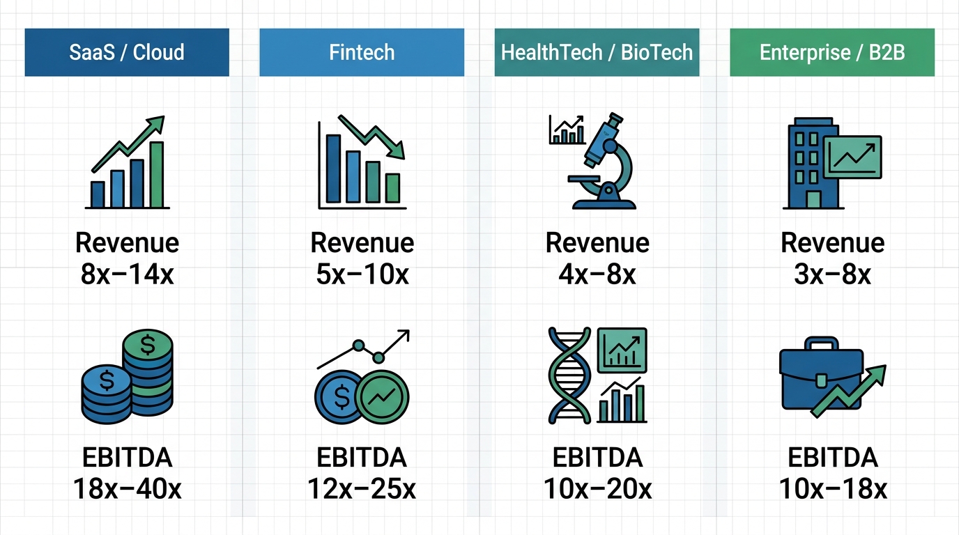 Infographic showing Series C valuation multiples for four technology sectors: SaaS/Cloud, Fintech, HealthTech/BioTech, Enterprise/B2B with revenue and EBITDA multiples.