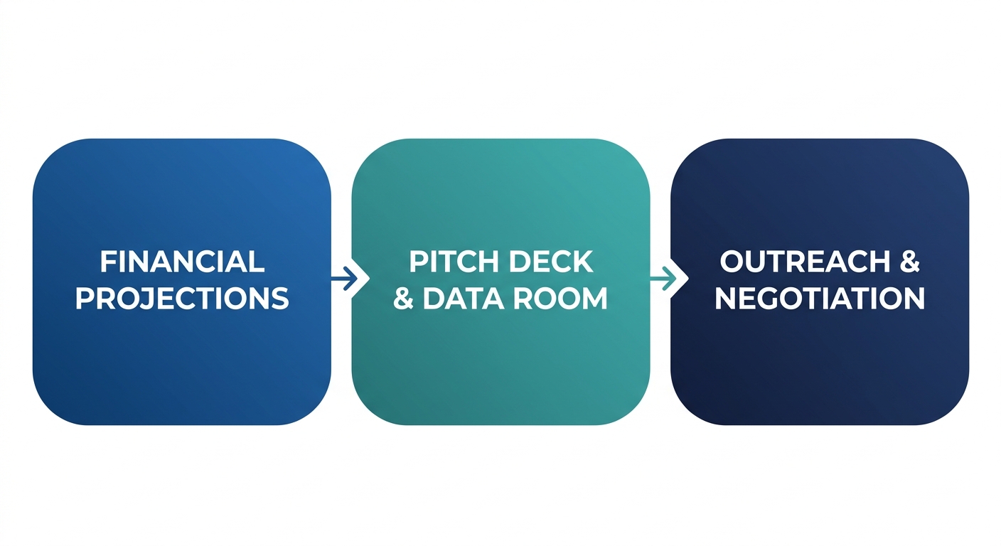 Horizontal three-stage process flow diagram for Series C preparation including financial projections, pitch deck and data room, and outreach and negotiation.