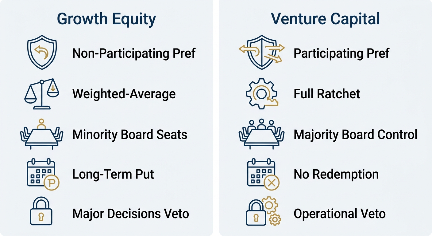 Infographic comparing growth equity and venture capital deal terms with two columns of labeled icons.