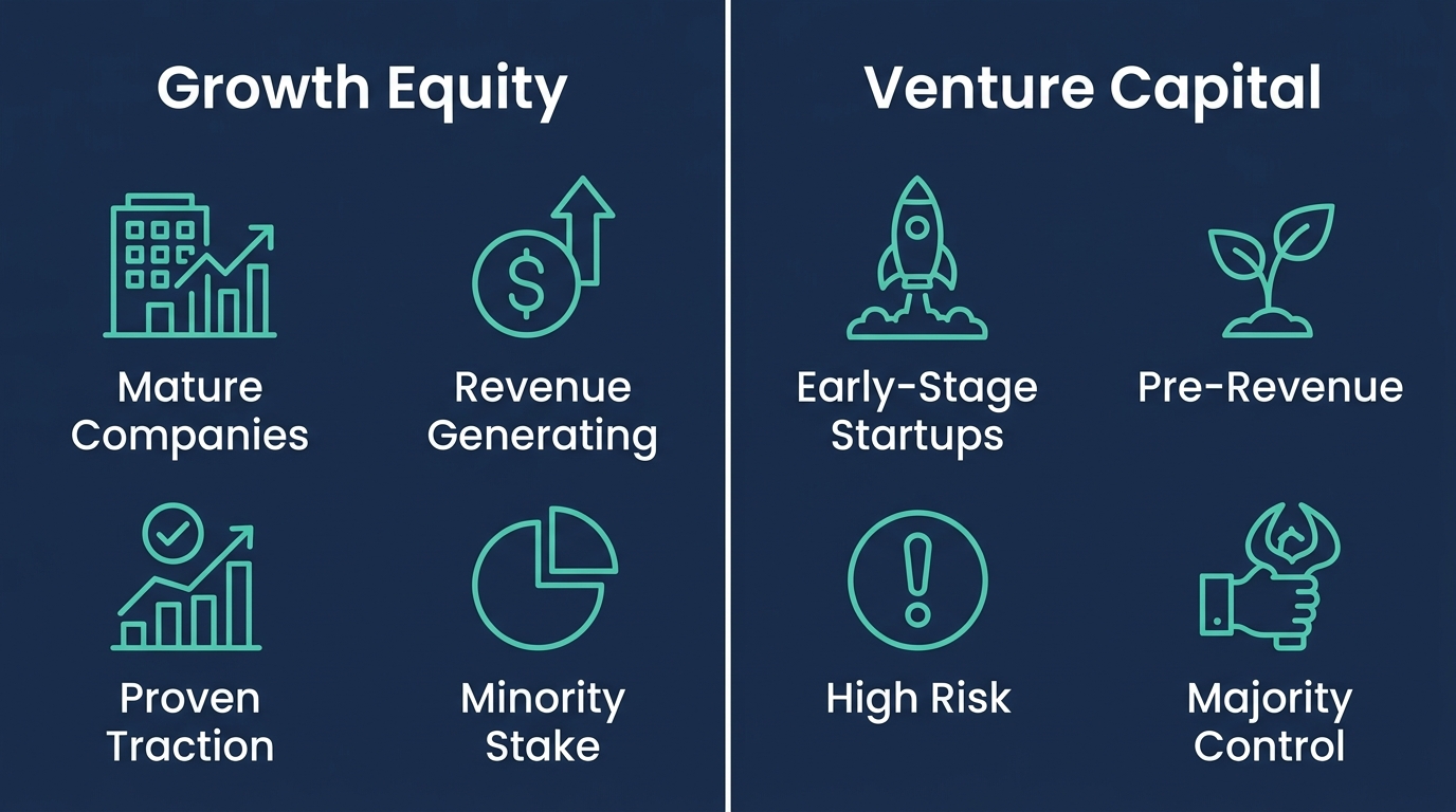 Side-by-side infographic comparing Growth Equity and Venture Capital. Growth Equity column includes icons for Mature Companies (office building with graph), Revenue Generating (dollar with arrow), Proven Traction (checkmark on chart), Minority Stake (pie slice). Venture Capital column includes icons for Early-Stage Startups (rocket), Pre-Revenue (seedling), High Risk (exclamation mark), Majority Control (hand gripping company). Navy background, teal icons, white labels.