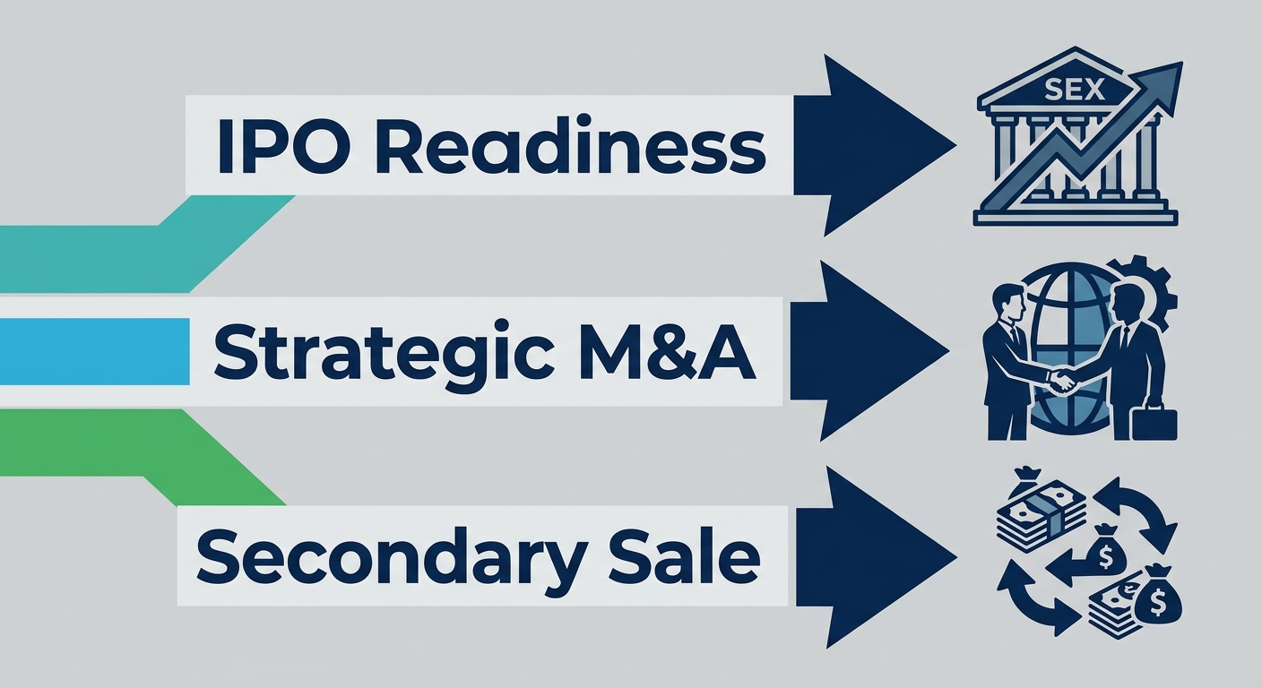 Horizontal timeline showing three exit pathways: IPO, Strategic M&A, and Secondary Sale, each with corresponding milestone icons and dark blue arrows on light gray background.