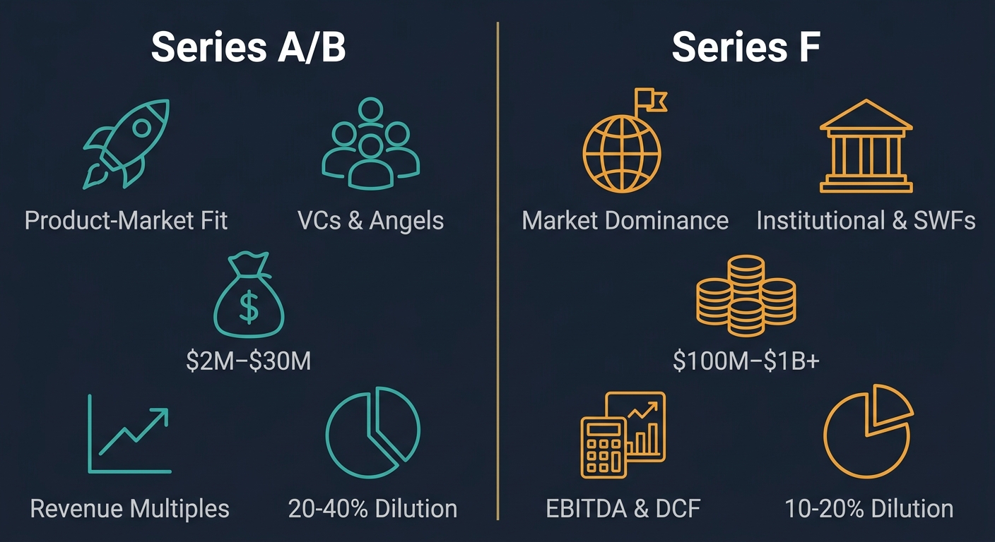 Two-column infographic comparing Series A/B and Series F funding rounds with icons and labels.
