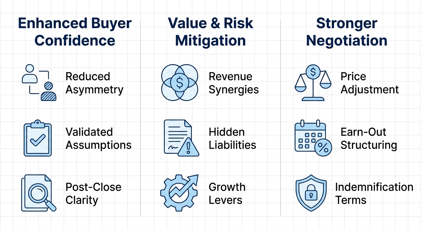 Infographic showing three columns of due diligence benefits: Enhanced Buyer Confidence, Value & Risk Mitigation, Stronger Negotiation with icons and labels.