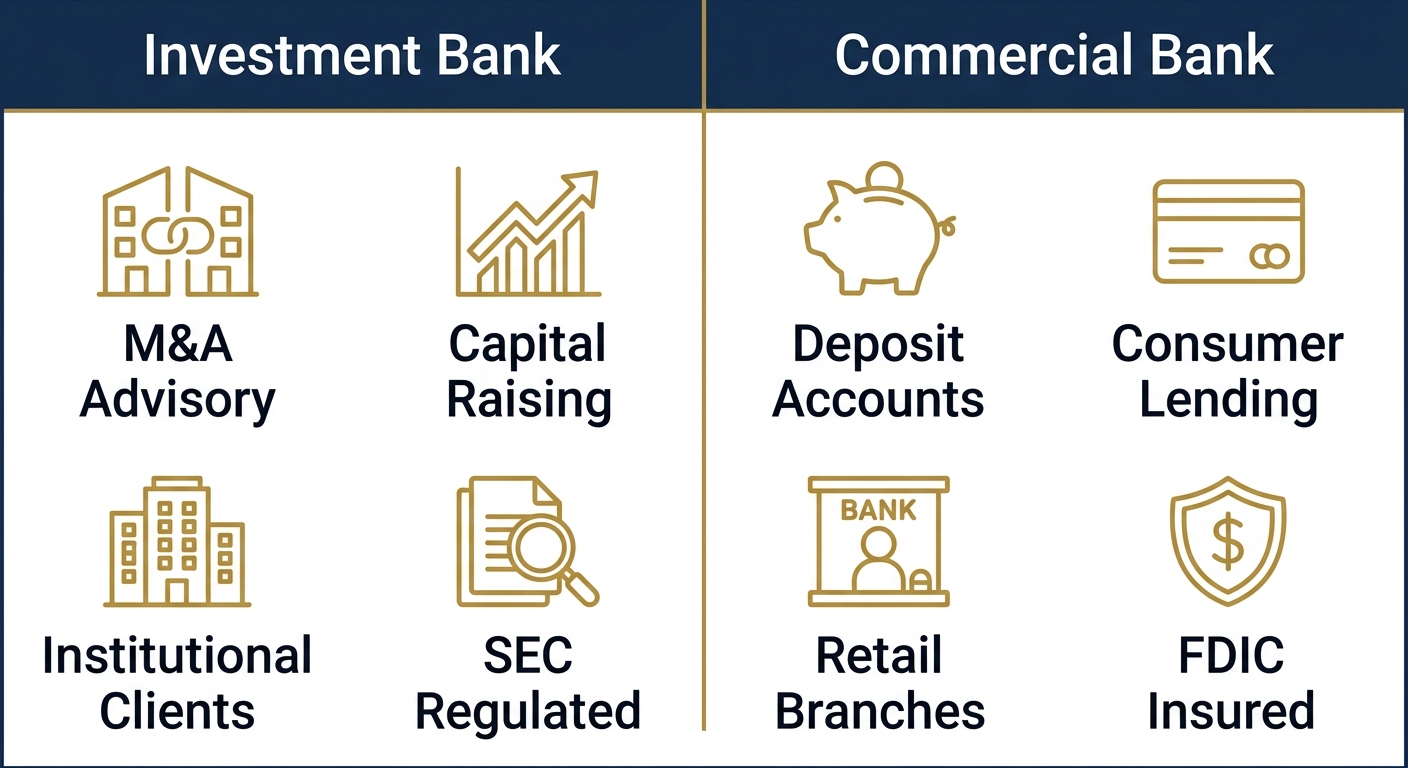 Side-by-side comparison of investment bank services (M&A Advisory, Capital Raising, Institutional Clients, SEC Regulated) and commercial bank services (Deposit Accounts, Consumer Lending, Retail Branches, FDIC Insured) with outlined icons on a navy background with gold accents.