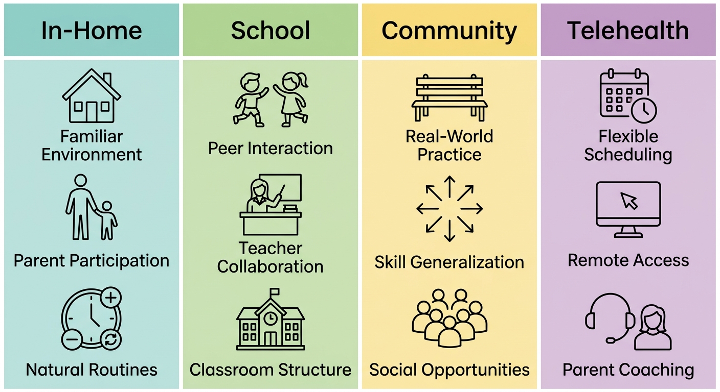Infographic with four columns representing ABA therapy settings: In-Home with house icon and benefits Familiar Environment, Parent Participation, Natural Routines; School with two children playing icon and benefits Peer Interaction, Teacher Collaboration, Classroom Structure; Community with park bench icon and benefits Real-World Practice, Skill Generalization, Social Opportunities; Telehealth with calendar icon and benefits Flexible Scheduling, Remote Access, Parent Coaching. Each column has a pastel background color (teal, green, yellow, purple) with white borders.