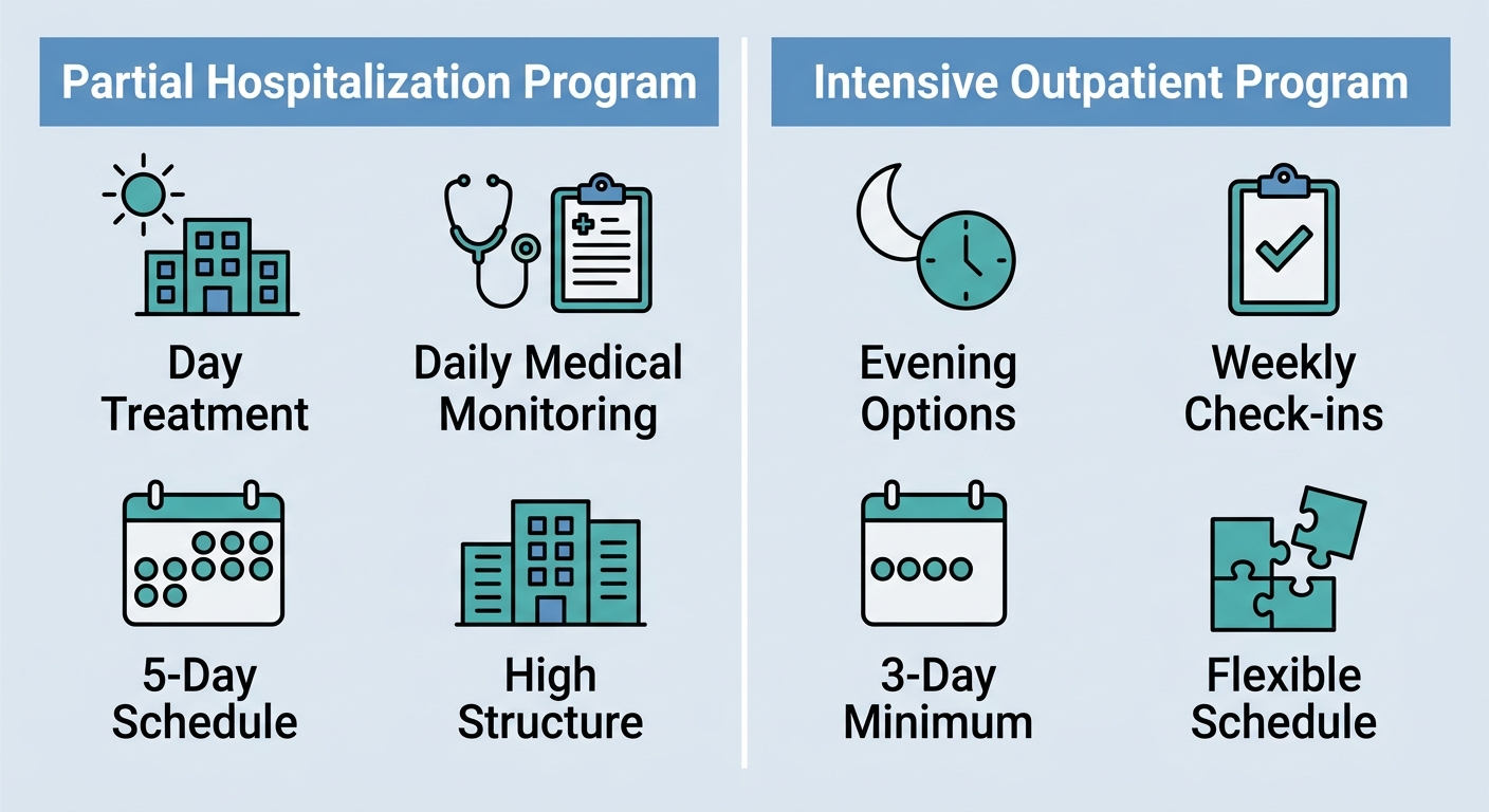 Side-by-side comparison of Partial Hospitalization Program and Intensive Outpatient Program features.