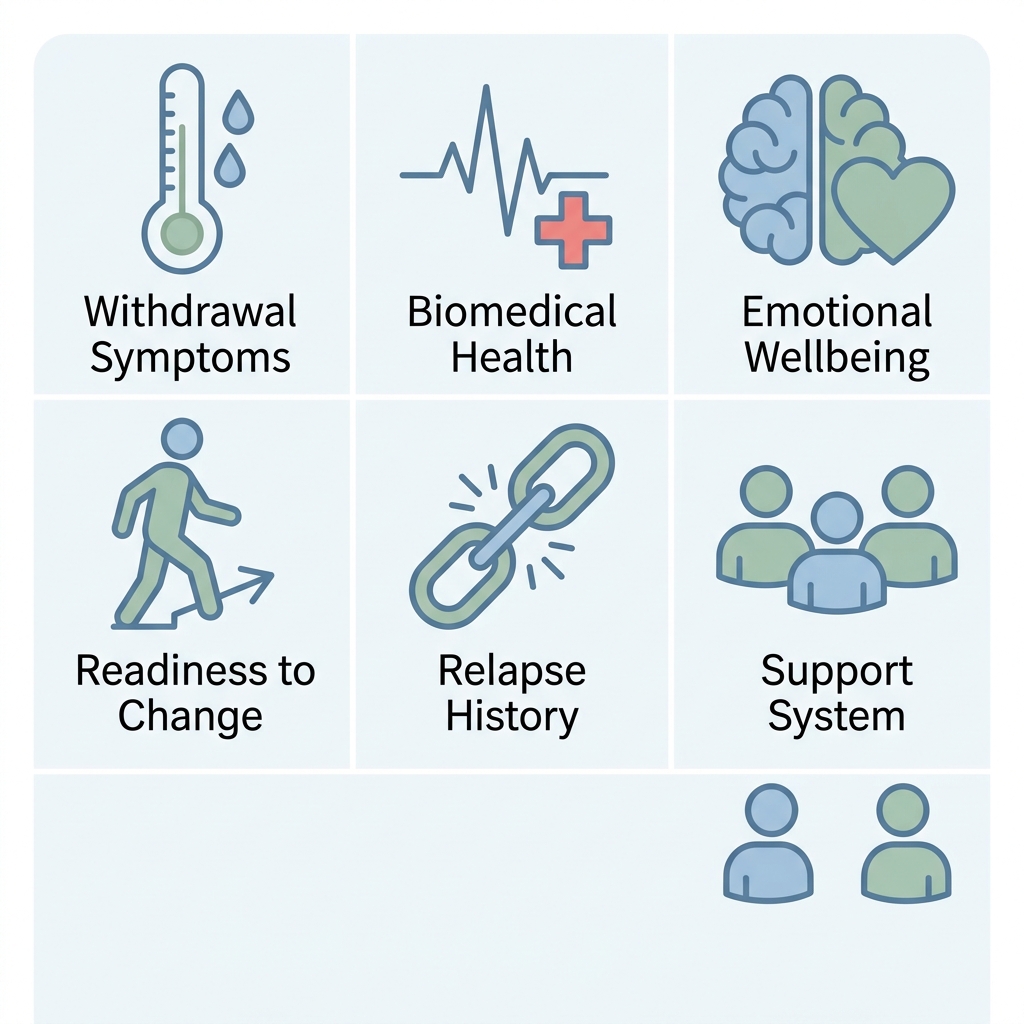 Set of six icons depicting ASAM dimensions for addiction treatment assessment