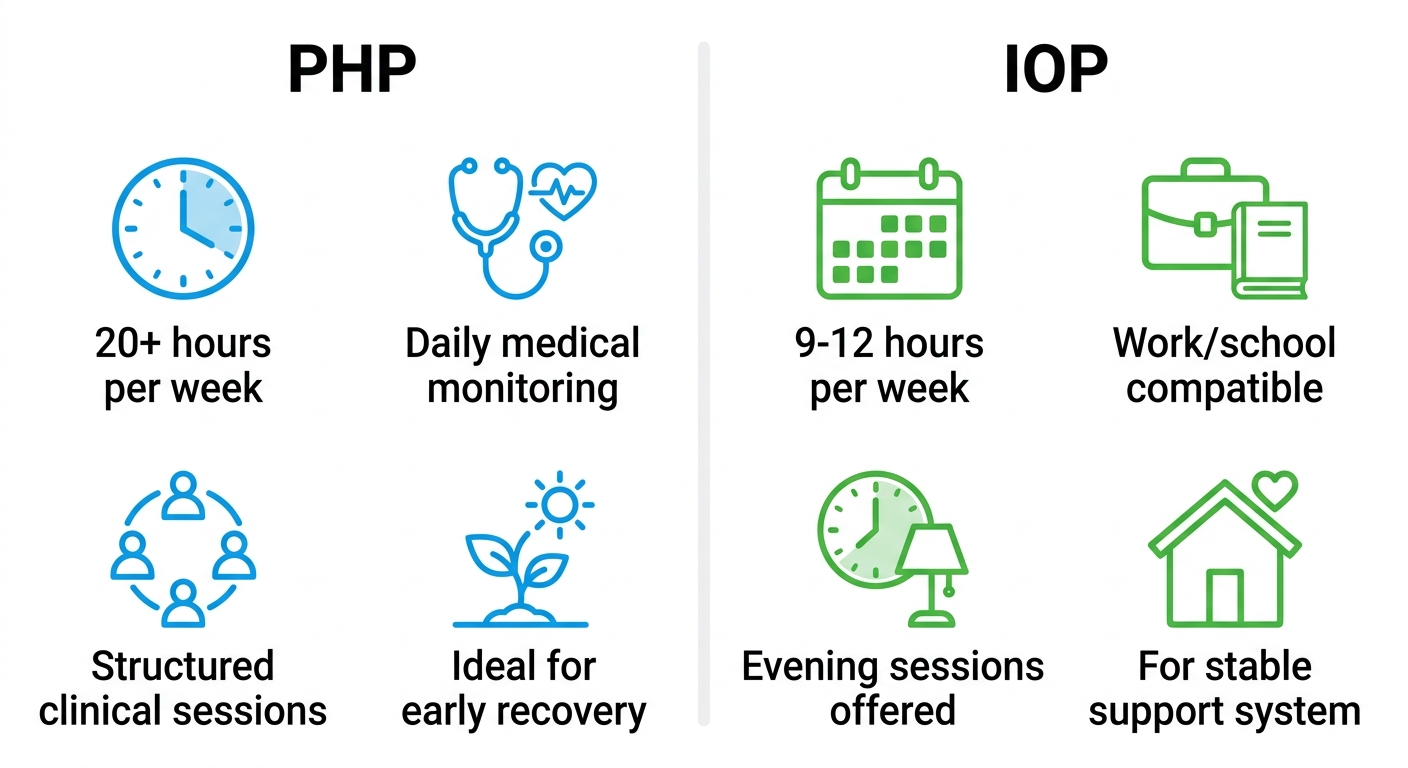Infographic comparing PHP and IOP programs, PHP column with blue icons and IOP column with green icons on white background