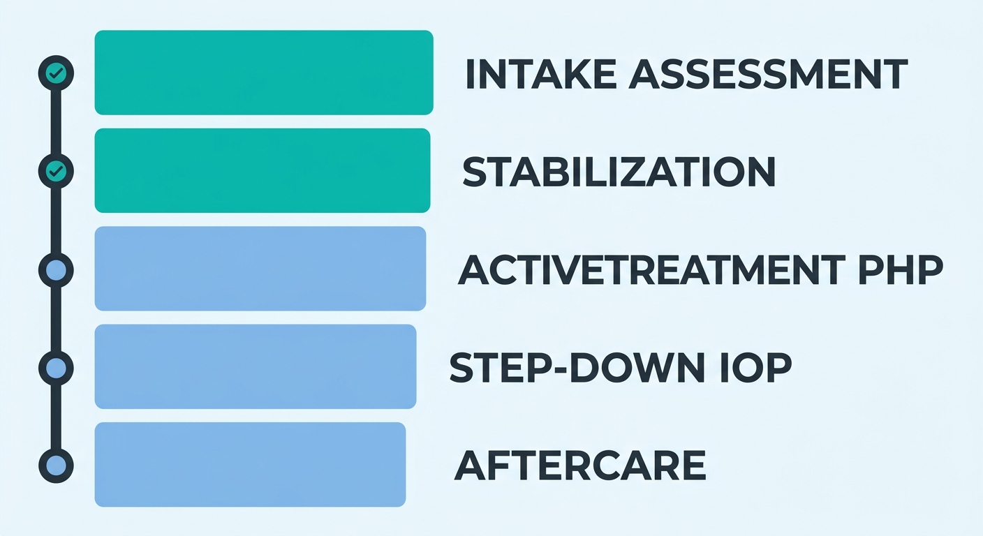 Vertical timeline illustrating five phases of drug rehab treatment at Alpine Recovery Services in Arlington, Washington: intake assessment, stabilization, active treatment PHP, step-down to IOP, and aftercare, with approximate duration ranges.