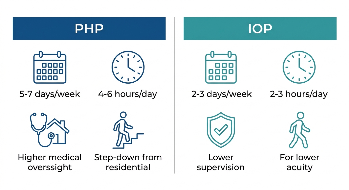 Two-column comparison infographic of PHP vs IOP with 5-7 days, 4-6 hours, higher medical oversight, step-down from residential for PHP and 2-3 days, 2-3 hours, lower supervision, for lower acuity for IOP.