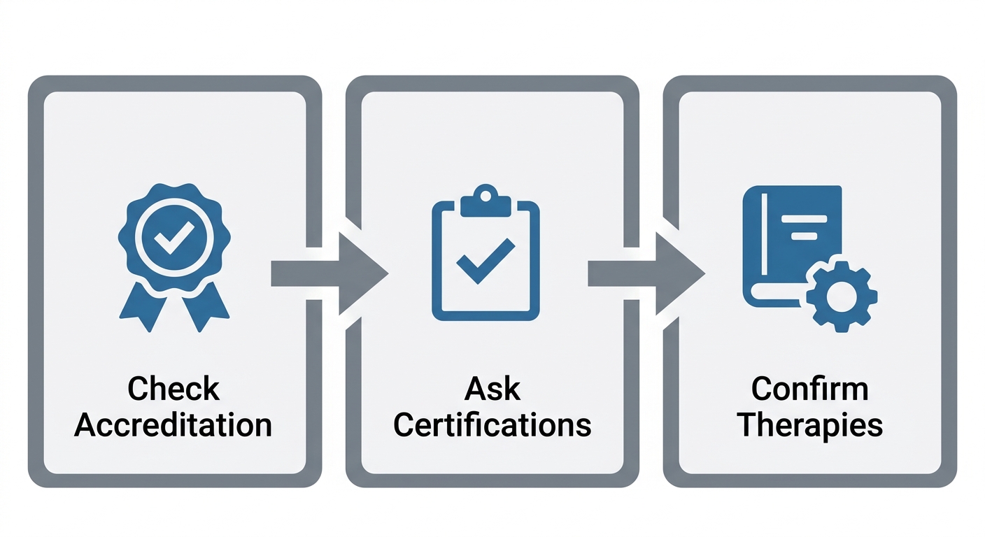 Horizontal process flow for verifying program accreditation at Alpine Recovery Services, showing three connected stages for checking accreditation, staff certifications, and evidence-based therapies