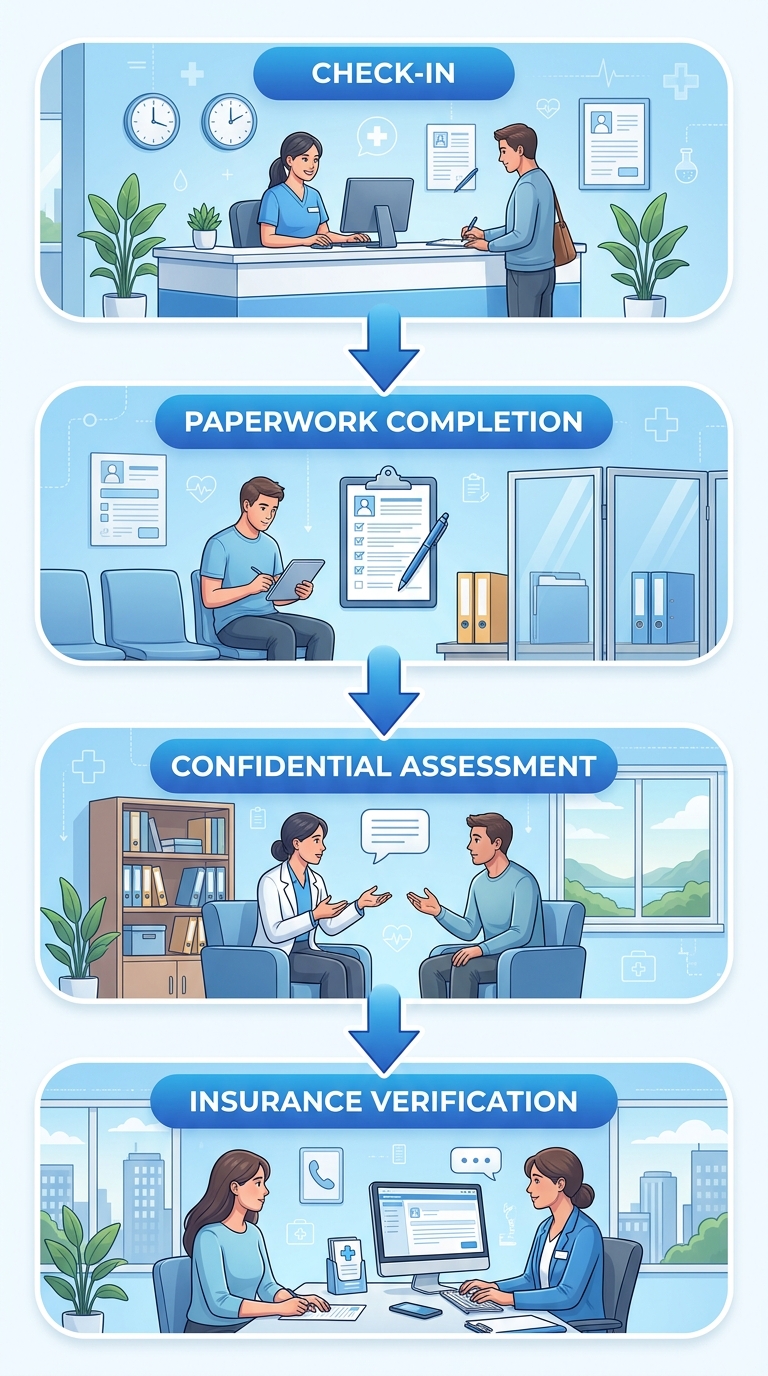 Vertical process flow showing four steps for the first appointment at Alpine Recovery in Everett, Washington.