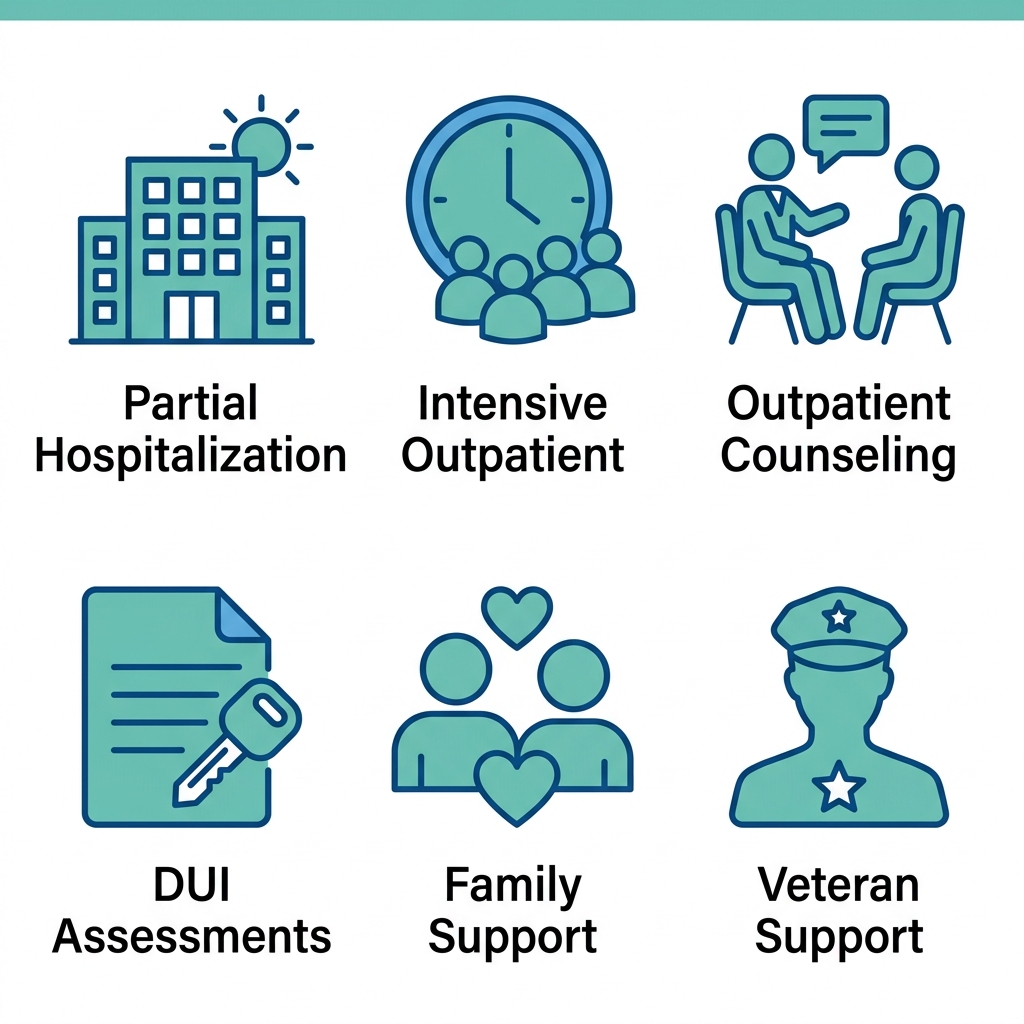 Icon set of six addiction treatment services: Partial Hospitalization, Intensive Outpatient, Outpatient Counseling, DUI Assessments, Family Support, and Veteran Support, each represented by a flat icon in teal and blue on a white background.
