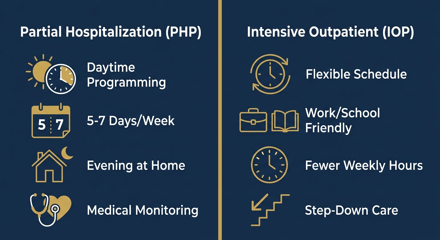 Healthcare infographic comparing Partial Hospitalization (PHP) and Intensive Outpatient (IOP) program features