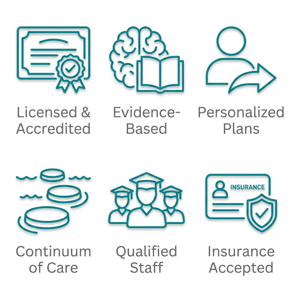 Six teal outline icons on white background: certificate with checkmark seal, brain and open book, person silhouette with tailored arrow, stepping stones across water, three people with graduation caps, insurance card and shield with checkmark. Labels: Licensed & Accredited, Evidence-Based, Personalized Plans, Continuum of Care, Qualified Staff, Insurance Accepted.