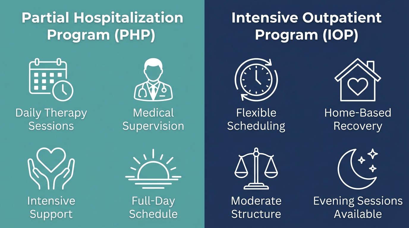 Visual comparison of Partial Hospitalization Program (PHP) and Intensive Outpatient Program (IOP) features.