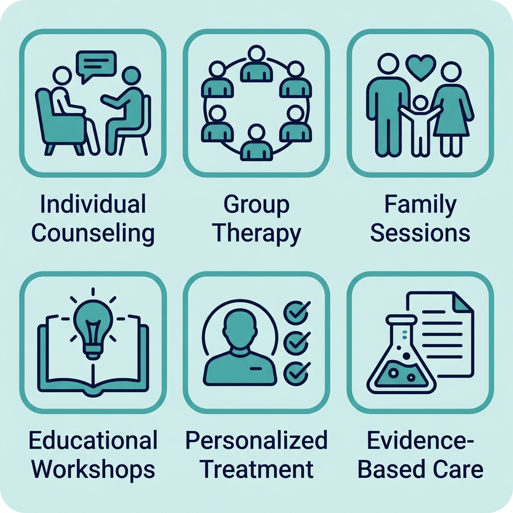 Icon set showing six core components of outpatient addiction treatment: individual counseling, group therapy, family sessions, educational workshops, personalized treatment, and evidence-based care.
