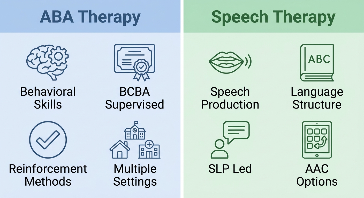 Comparison infographic of ABA therapy and speech therapy with two columns showing behavioral skills and speech production icons.