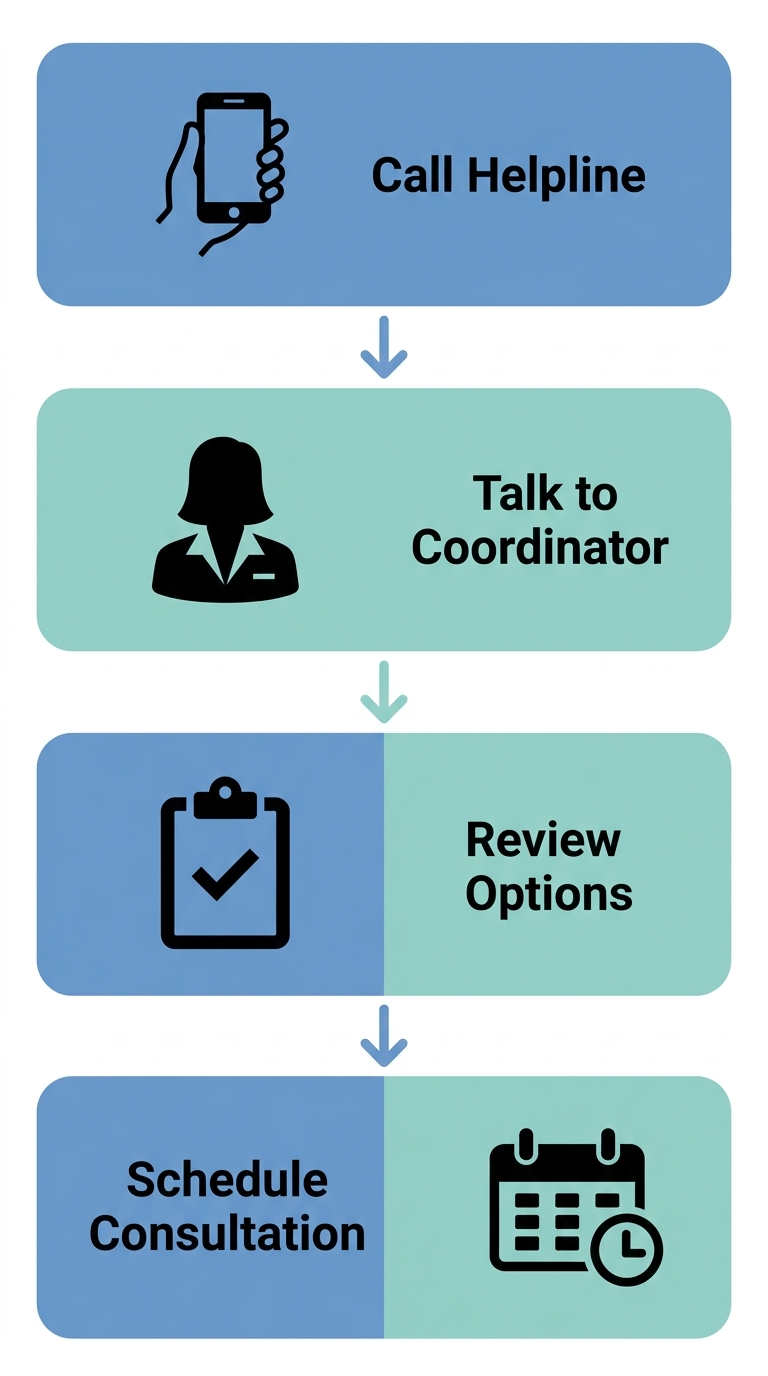 Vertical process diagram of a four-step addiction recovery helpline for Pennsylvania: Call Helpline, Talk to Coordinator, Review Options, Schedule Consultation, with soothing blue and teal colors.