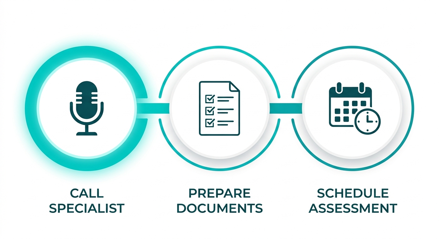 Horizontal process flow illustrating three steps for addiction helpline call preparation: call a specialist, prepare documents, schedule assessment, with phone, document, and calendar icons in a teal and white color scheme.