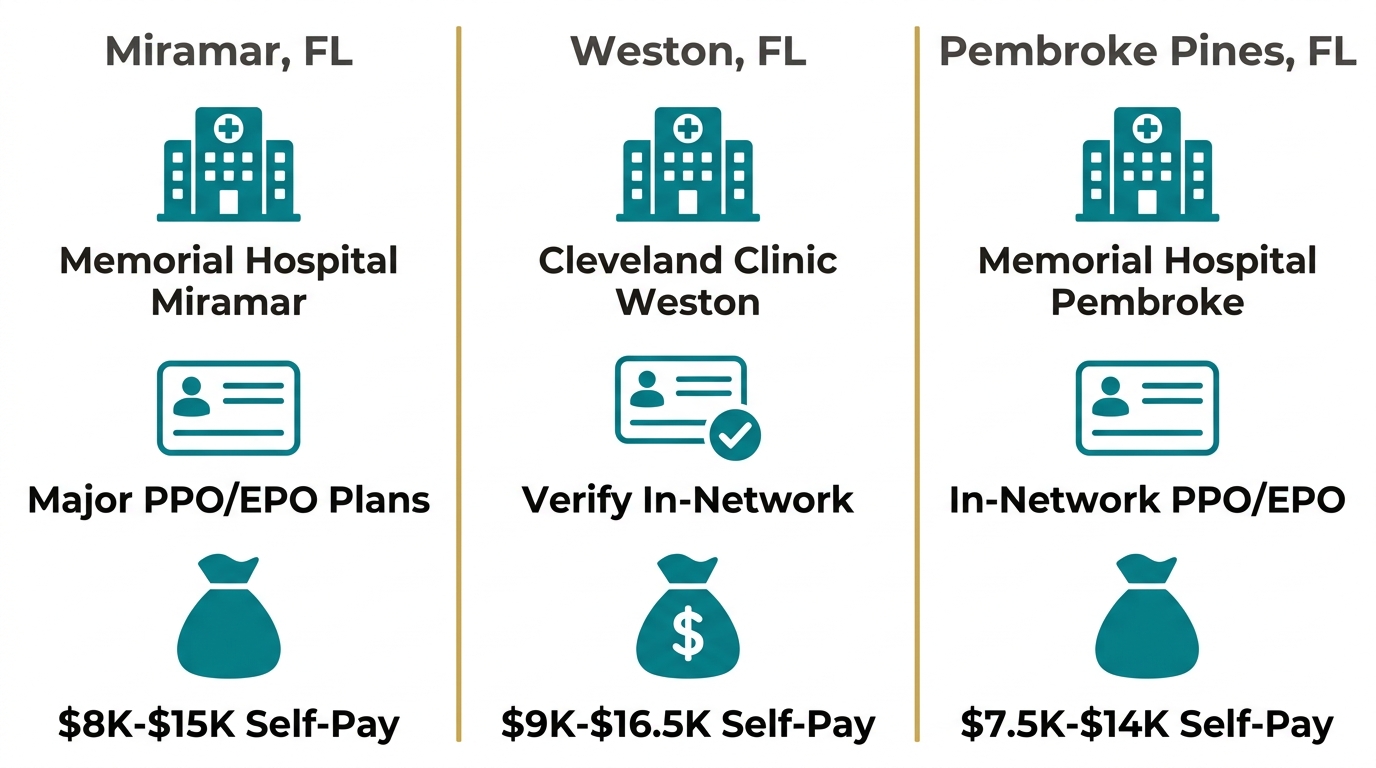 Three-column infographic comparing laparoscopic hysterectomy costs and hospital affiliations across First Class OBGYN locations in Miramar, Weston, and Pembroke Pines, Florida, with teal icons and gold accents.