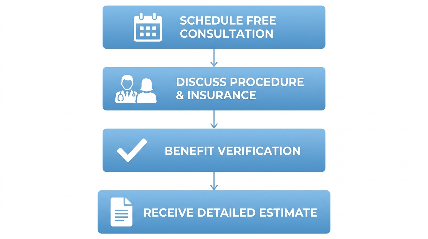 A vertical process flow with four blue gradient boxes connected by arrows, each containing a white icon and label: Schedule Free Consultation with calendar, Discuss Procedure & Insurance with doctor-patient, Benefit Verification with checkmark, Receive Detailed Estimate with document.