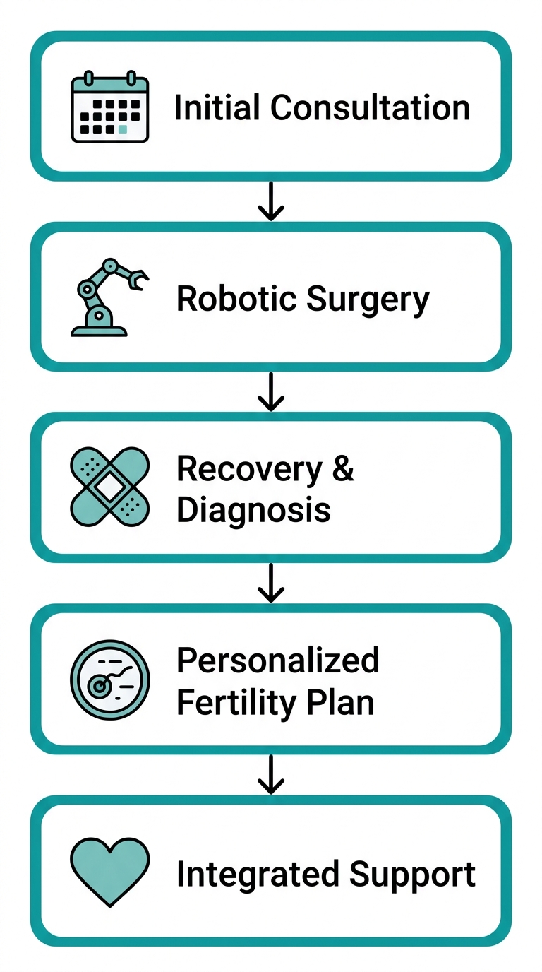Diagram showing five steps of integrated endometriosis care from consultation to support at Elite IVF Solutions