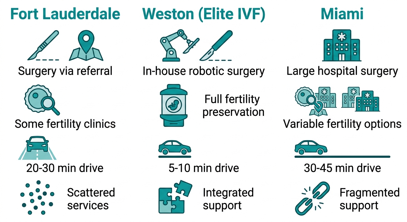 Infographic comparing endometriosis care options in Fort Lauderdale, Weston, and Miami with icons for services, travel times, and support.
