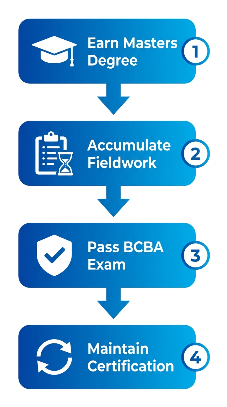 Vertical process flow diagram for the four BCBA certification steps, from earning a master's degree to maintaining certification.
