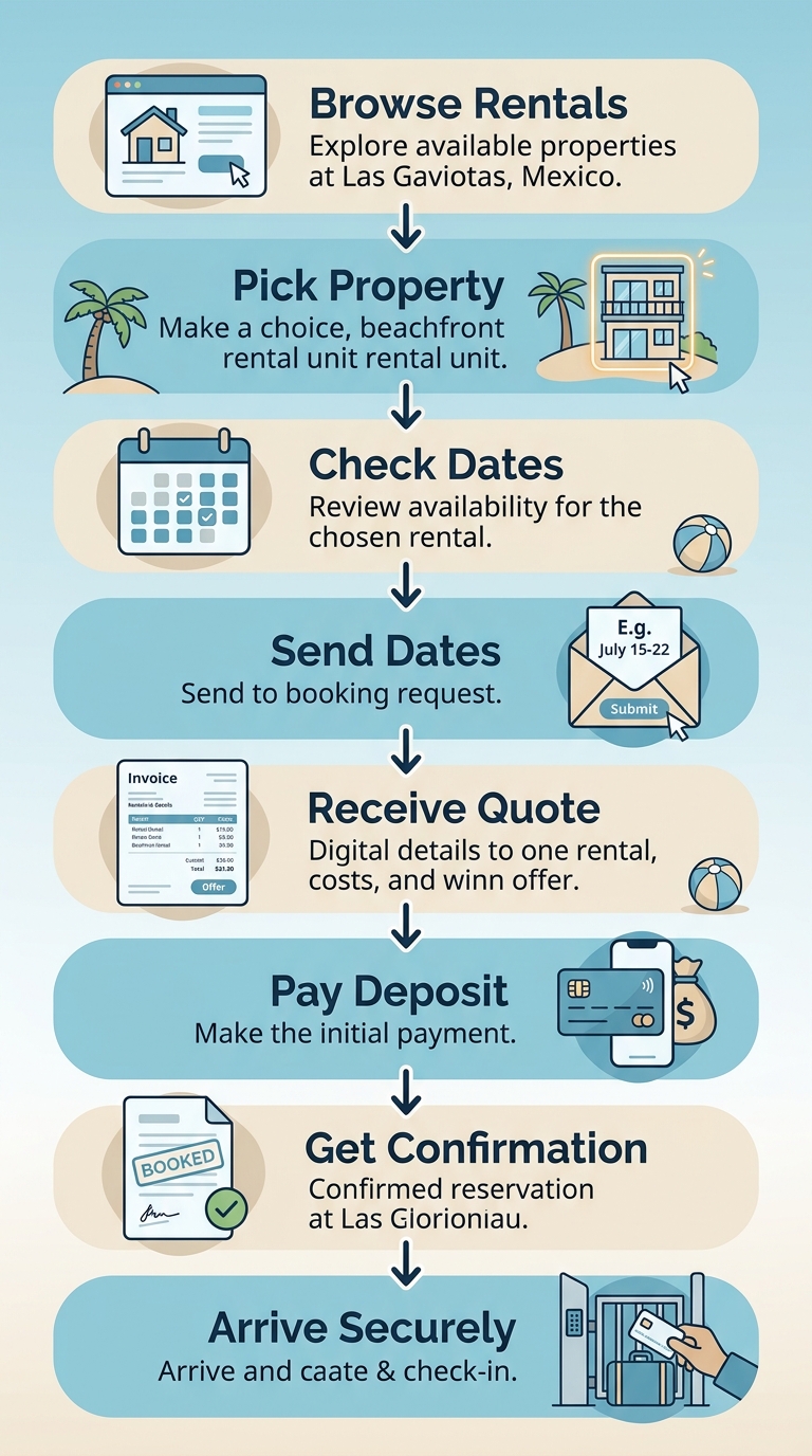 Vertical process flow with eight steps to book a vacation rental at Las Gaviotas, showing rounded rectangles with downward arrows in ocean blue and sand colors.