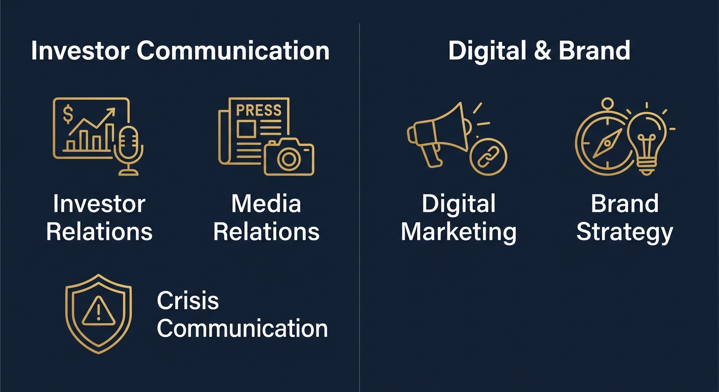 Two-column infographic showing investor communication services and digital brand services for small-cap companies
