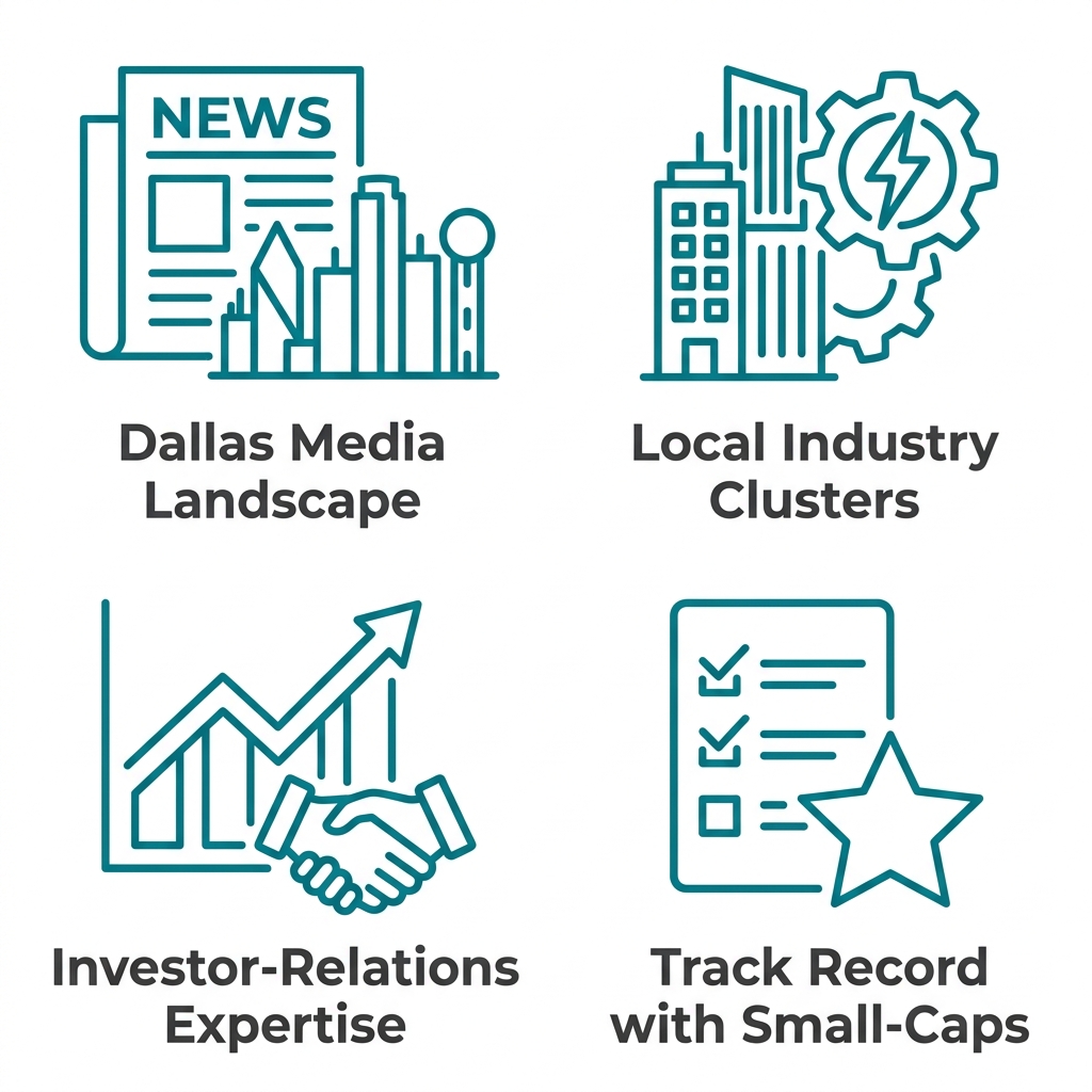 Four icons representing local factors for hiring a Dallas PR agency: media landscape, industry clusters, investor-relations expertise, and small-cap track record.