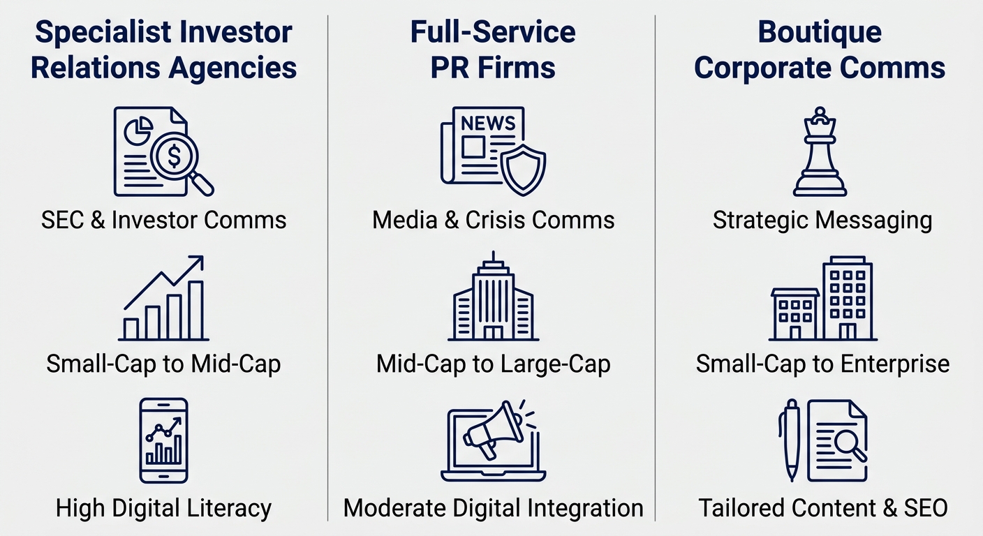 Infographic comparing three types of Dallas PR firms: specialist investor relations agencies, full-service PR firms, and boutique corporate communications, each with three distinct service attributes.