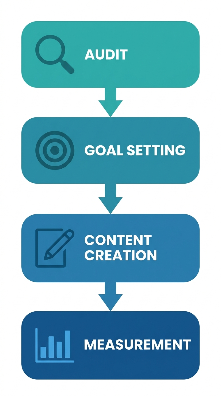Process flow showing four stages of digital PR strategy audit, goal setting, content creation, and measurement with teal to deep blue gradient.