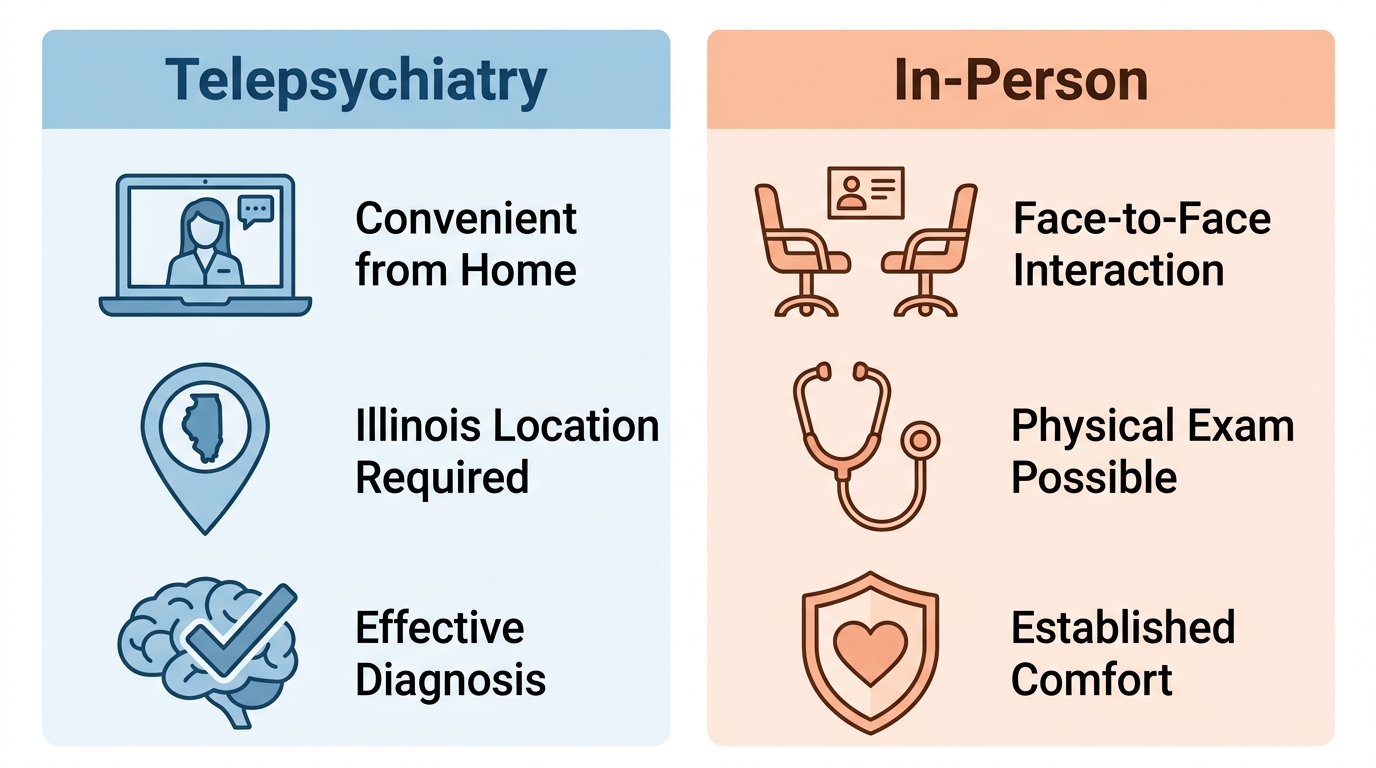 Comparison infographic showing telepsychiatry and in-person psychiatric evaluation options with icons and labels