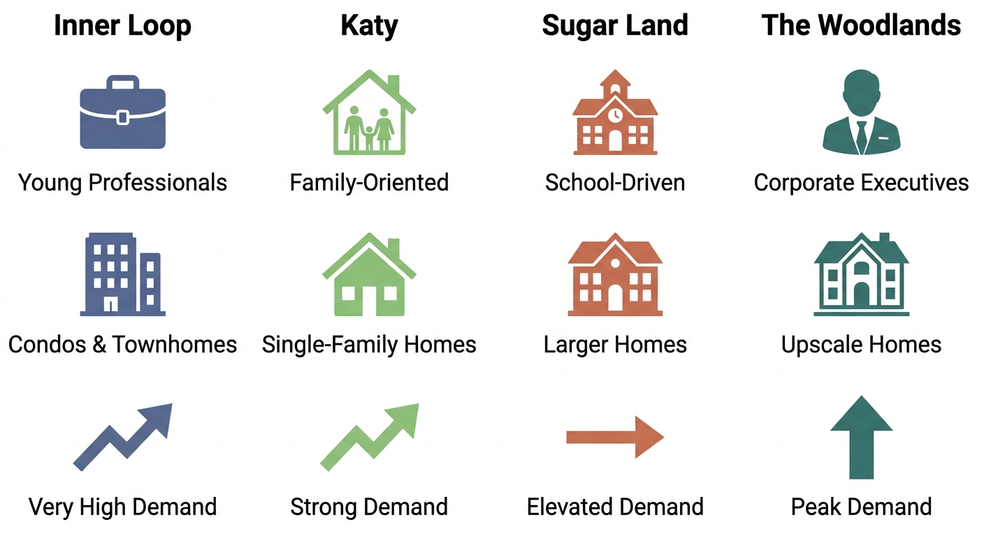 Infographic comparing Houston regional rental submarkets: Inner Loop, Katy, Sugar Land, and The Woodlands with three icon categories each