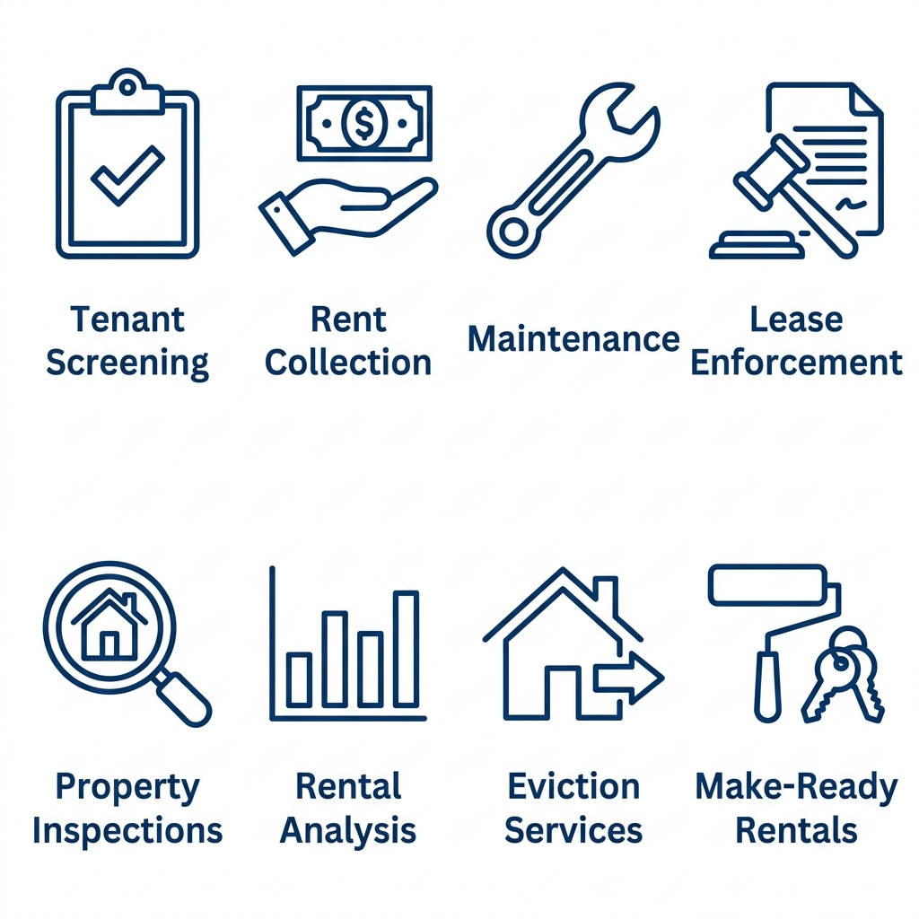 Set of 8 property management service icons: Tenant Screening, Rent Collection, Maintenance, Lease Enforcement, Property Inspections, Rental Analysis, Eviction Services, Make-Ready Rentals