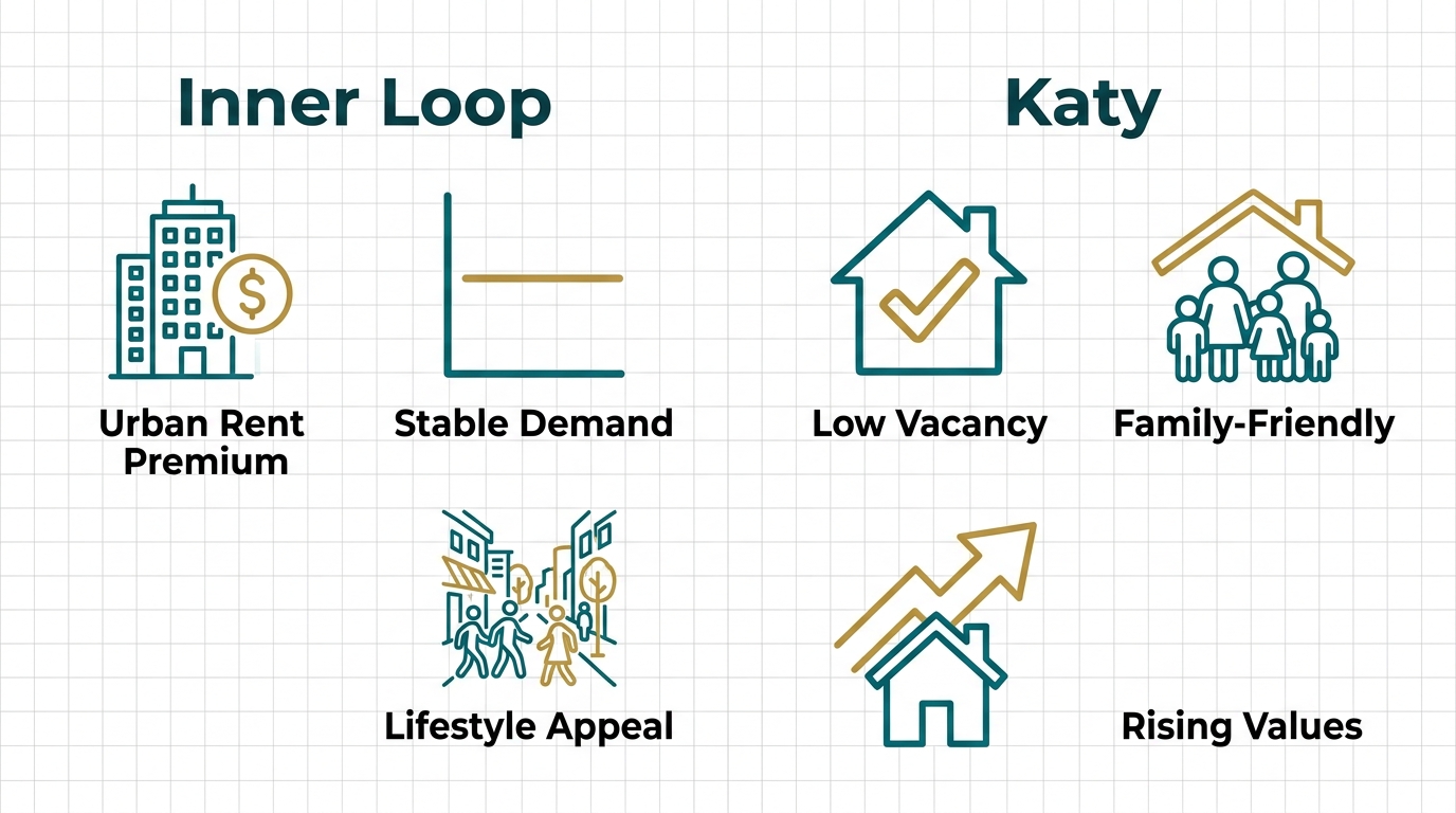 Two-column infographic comparing Inner Loop and Katy rental markets with three icon-feature pairs each