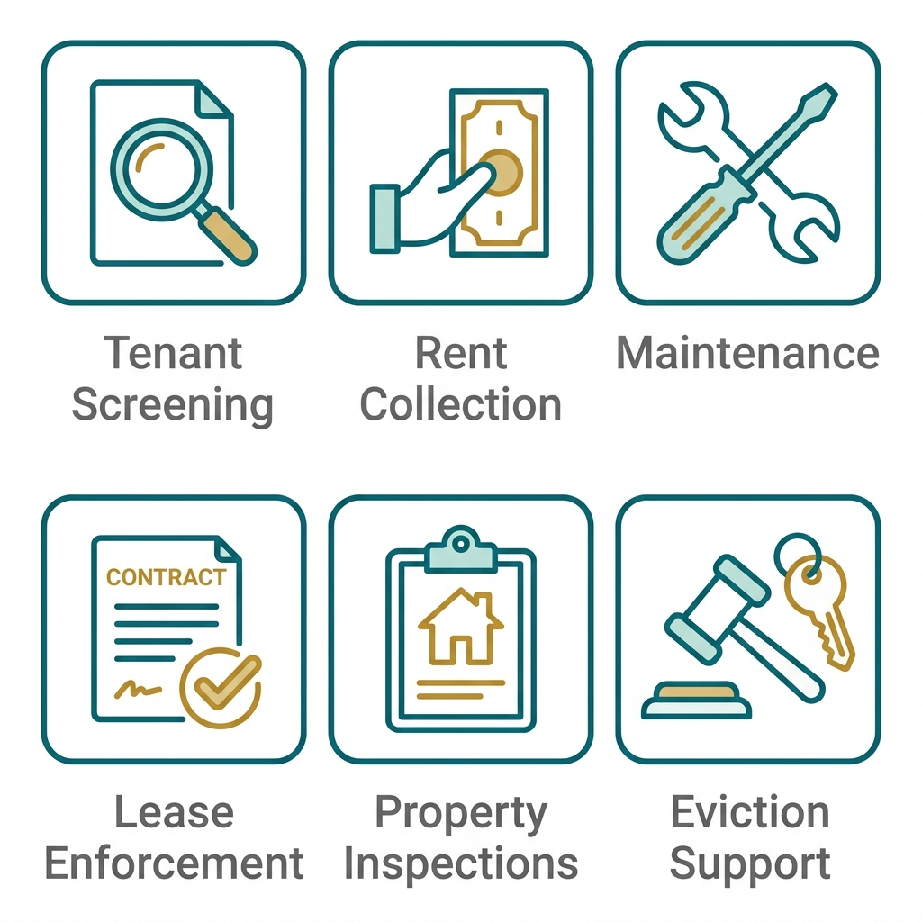 Set of six service icons for property management: Tenant Screening, Rent Collection, Maintenance, Lease Enforcement, Property Inspections, and Eviction Support, with teal outlined icons and gold accents on white.