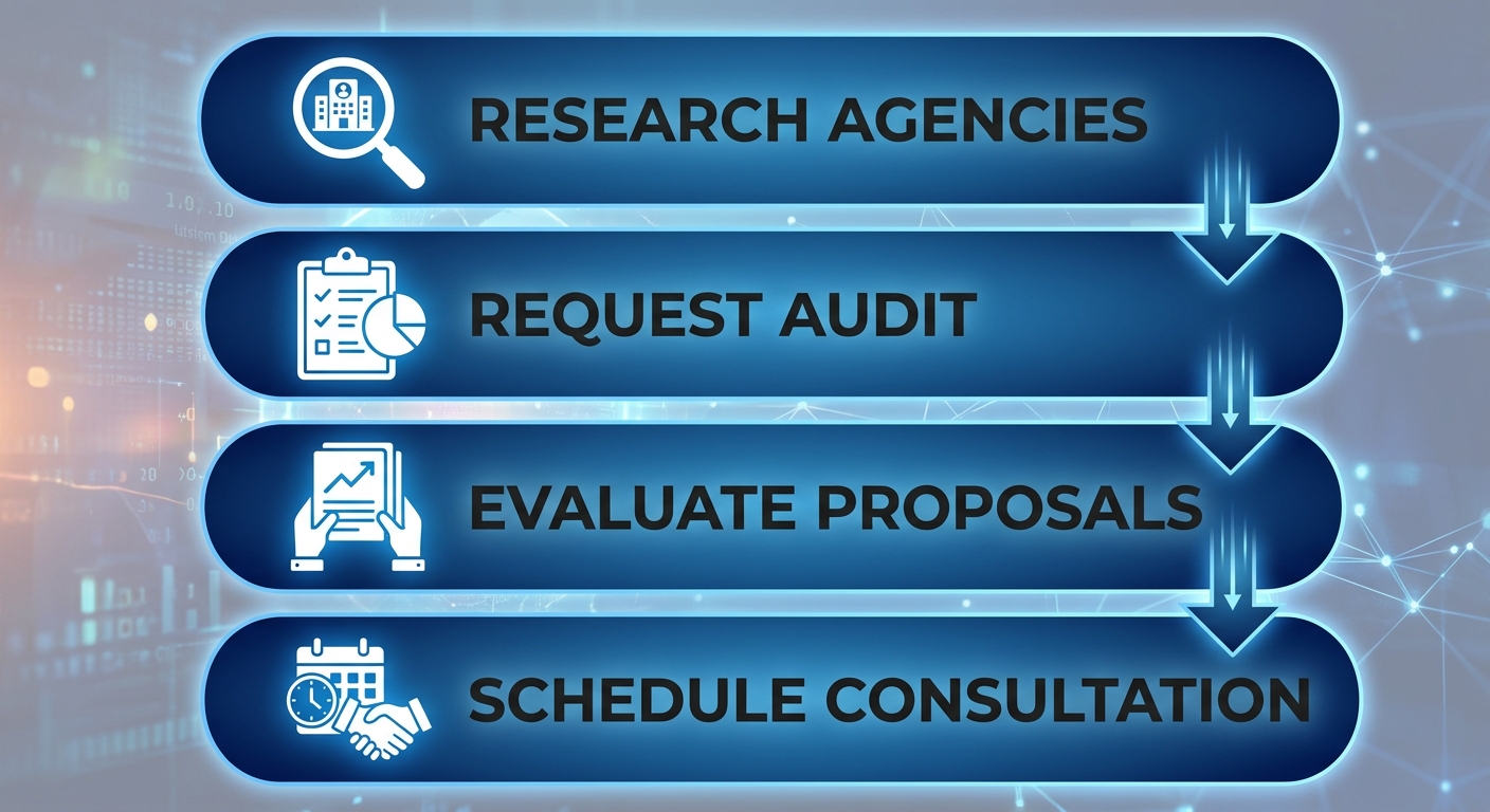 Vertical process flow diagram with four stages: research agencies, request audit, evaluate proposals, schedule consultation, connected by downward arrows.