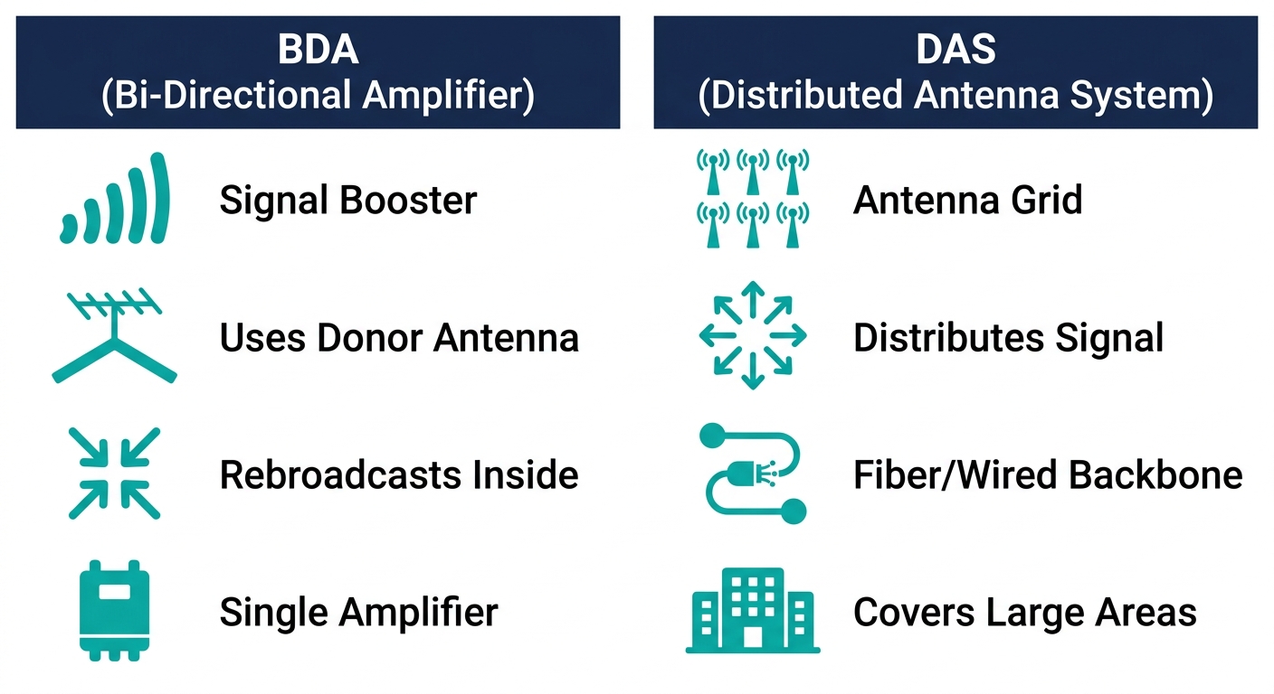 Infographic comparing BDA and DAS emergency communication systems showing key characteristics: BDA as single amplifier with donor antenna and signal booster, DAS as antenna grid distributing signal via fiber backbone.