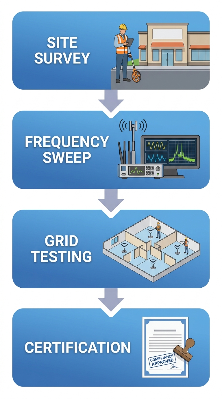 Vertical process flow showing four steps for BDA system compliance: site survey, frequency sweep, grid testing, and certification.